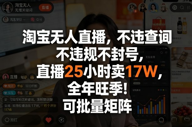 淘宝无人直播，不违规不封号，直播25小时卖17W，全年旺季！可批量矩阵