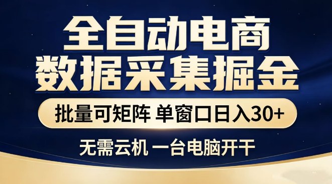 全自动电商数据集掘金，批量可矩阵，单窗口日入30+，无需云机，一台电脑开干
