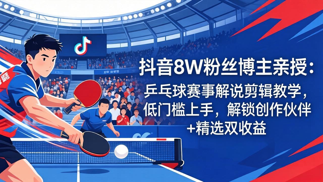 （18069期）抖音8W粉丝博主亲授：乒乓球赛事解说剪辑教学，低门槛上手，解锁创作伙伴+精选双收益