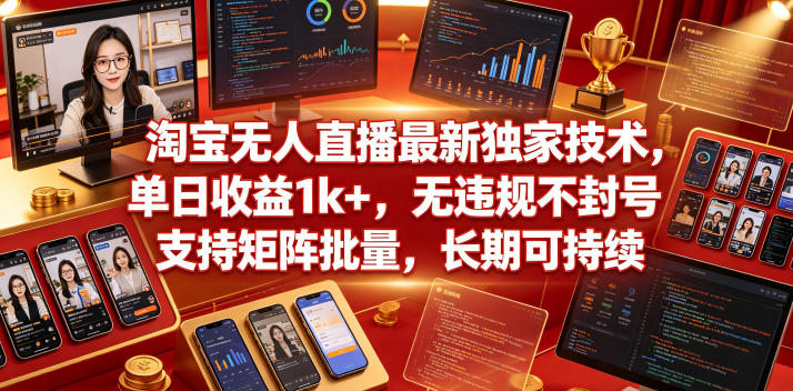 淘宝无人直播最新独家技术，单日收益1k+，无违规不封号，支持矩阵批量，长期可持续