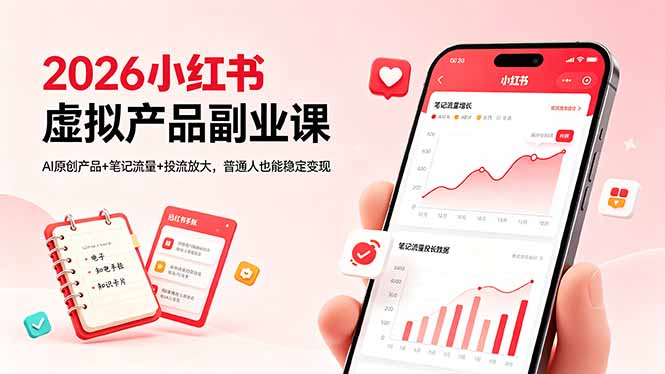（18449期）2026小红书虚拟产品副业课，AI原创产品+笔记流量+投流放大，普通人也能稳定变现