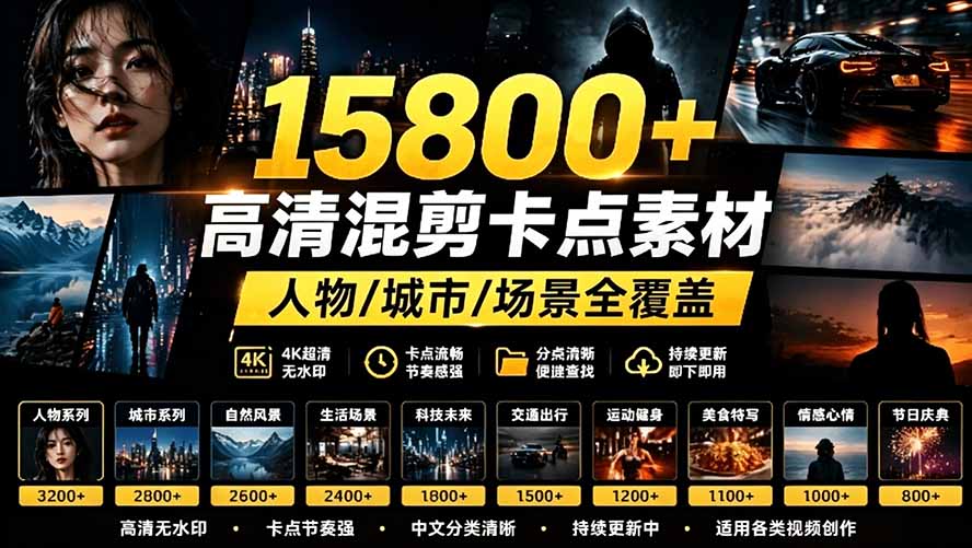 （19120期）【影视剪辑素材合集】15800+高清混剪卡点｜热门影视精彩片段｜人物/城市/场景全覆盖，中文分类清晰