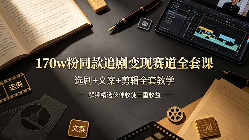 （19123期）170w粉博主同款追剧变现赛道全套课，选剧+文案+剪辑全套教学，解锁精选伙伴收徒三重收益
