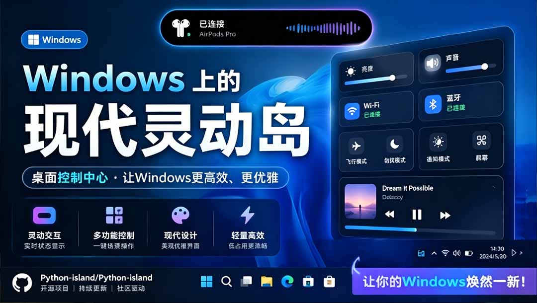 （19104期）Windows也能拥有桌面灵动岛！现代化的系统控制中心，让你的电脑多个黑刘海，PyIsland