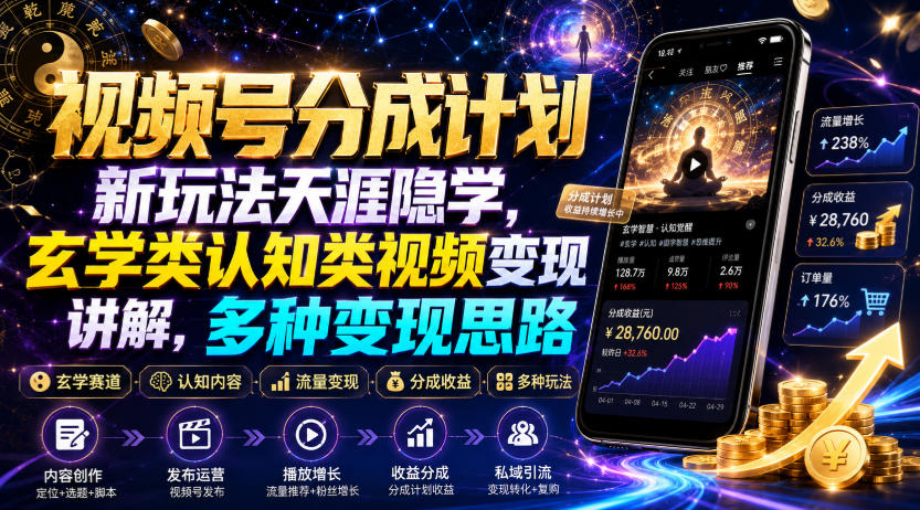 视频号分成计划新玩法天涯隐学，玄学类认知类视频变现讲解，多种变现思路