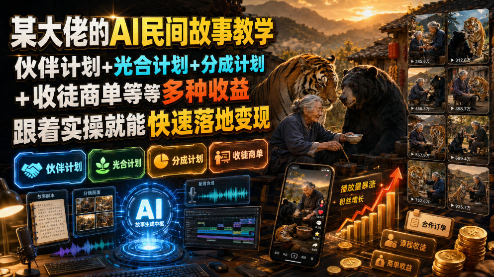 某大佬的AI民间故事教学，伙伴计划+光合计划+分成计划+收徒商单等多种收益，跟着实操就能快速落地变现
