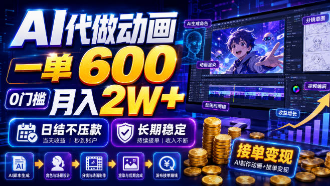 AI代做动画，一单600，0门槛月入2W+，日结不压款，长期稳定
