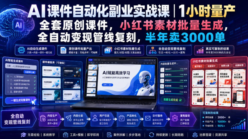 AI课件自动化副业实战课｜1小时量产全套原创课件，小红书素材批量生成，全自动变现管线复刻，半年卖3000单