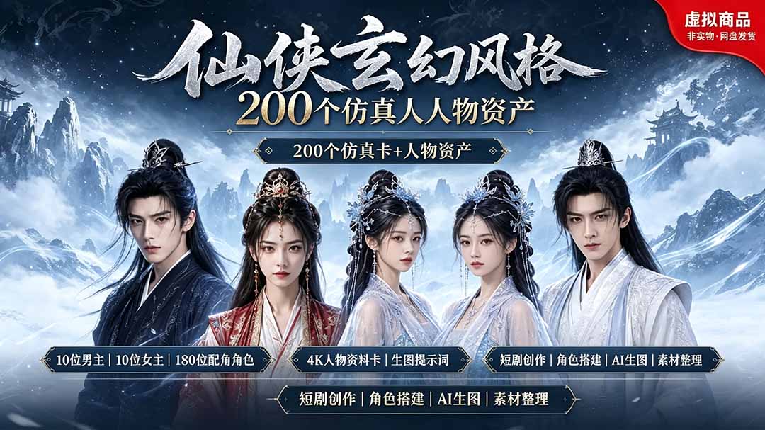 （19301期）200个仙侠玄幻仿真人素材◆10男主×10女主×180配角，4K资料卡+AI生图提示词，漫剧必备