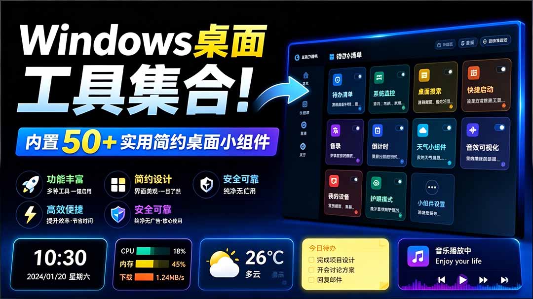 （19585期）Windows桌面工具集合！内置50+实用简约桌面小组件，含截图、录屏、翻译、天气等，多秘工具箱