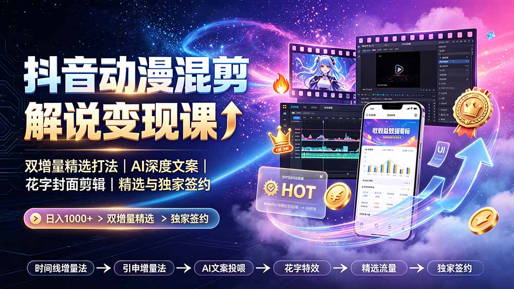 （19311期）抖音动漫混剪解说变现课：双增量精选打法｜AI深度文案｜花字封面剪辑｜ 精选与独家签约日入1000+
