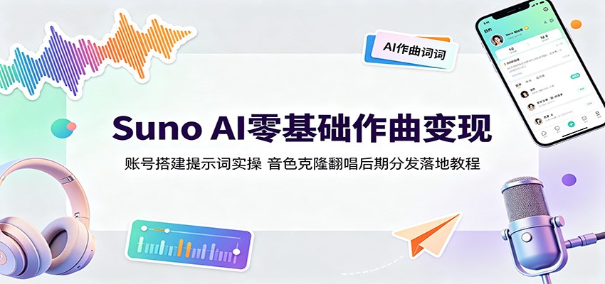 Suno AI零基础作曲变现：账号搭建提示词实操，音色克隆翻唱后期分发落地教程