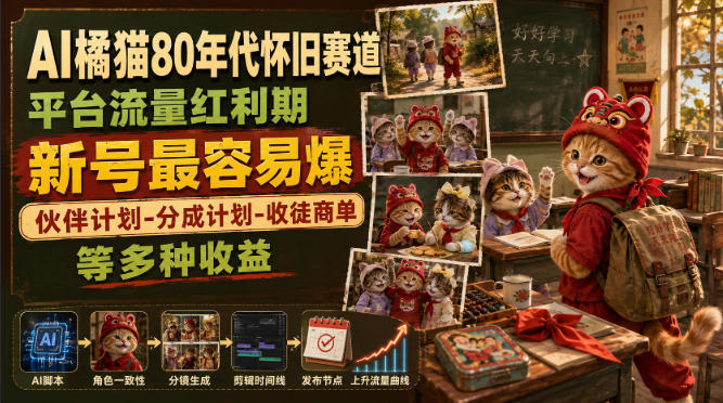 AI橘猫80年代怀旧赛道，平台流量红利期，新号最容易爆，伙伴计划-分成计划-收徒商单等多种收益