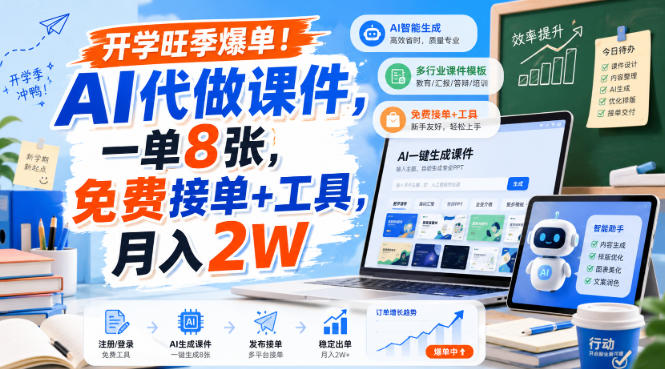 开学旺季爆单!AI代做课件,一单8张,免费接单+工具,月入2W