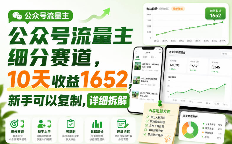 公众号流量主细分赛道，10天收益1652，新手可以复制，详细拆解