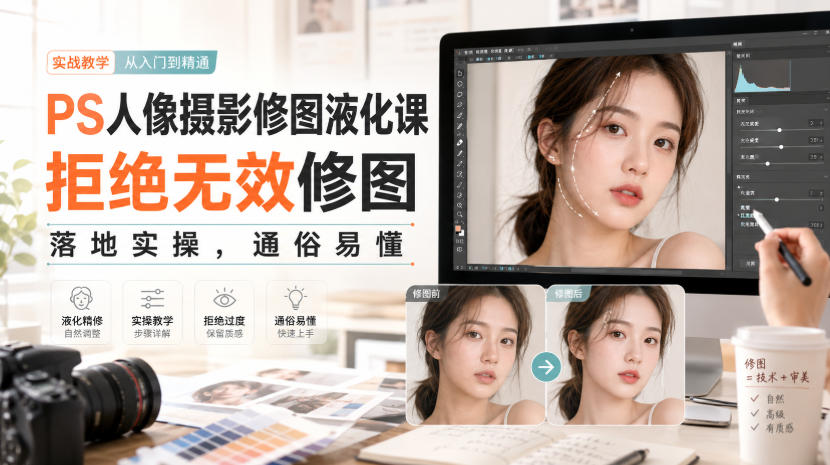 PS人像摄影修图液化课，拒绝无效修图，落地实操，通俗易懂