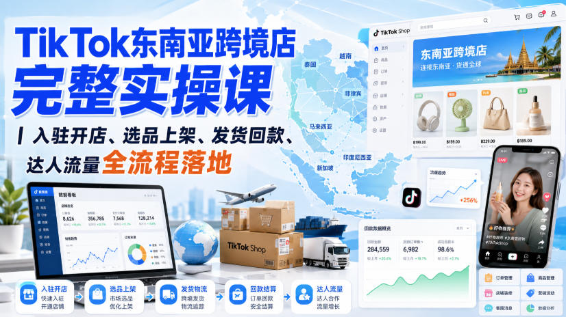 TikTok东南亚跨境店完整实操课｜入驻开店、选品上架、发货回款、达人流量全流程落地