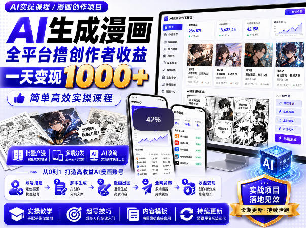 AI生成漫画全平台撸创作者收益内部课程，实操最高单日变现1k+