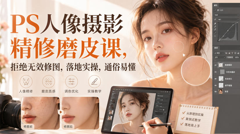 PS人像摄影精修磨皮课，拒绝无效修图，落地实操，通俗易懂
