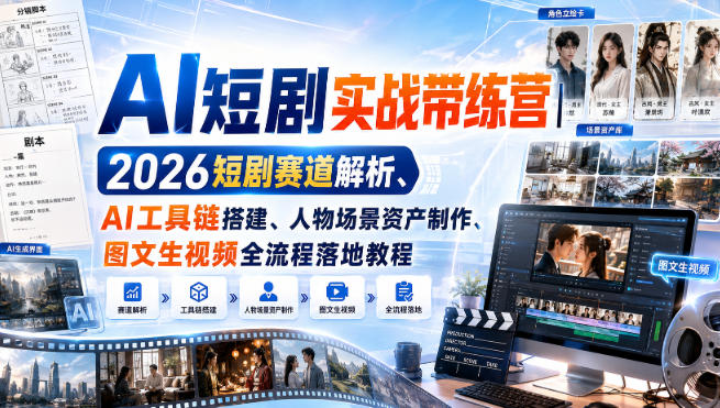 AI短剧实战带练营｜2026短剧赛道解析、AI工具链搭建、人物场景资产制作、图文生视频全流程落地教程