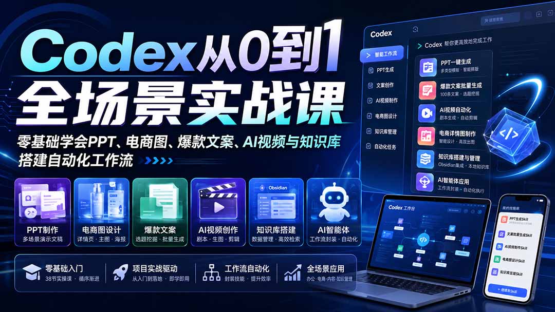 （20041期）Codex从0到1全场景实战课：零基础学会PPT、电商图、爆款文案、AI视频与知识库，搭建自动化工作流