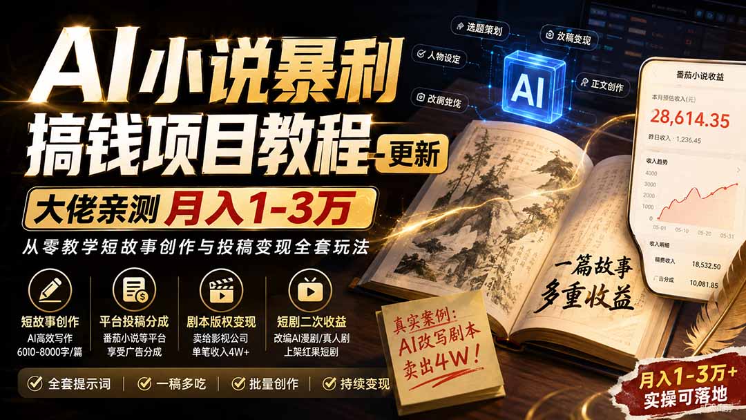(20044期)AI小说暴利搞钱项目教程-更新,大佬亲测月入1-3万,从零教学短故事创作与投稿变现全套玩法