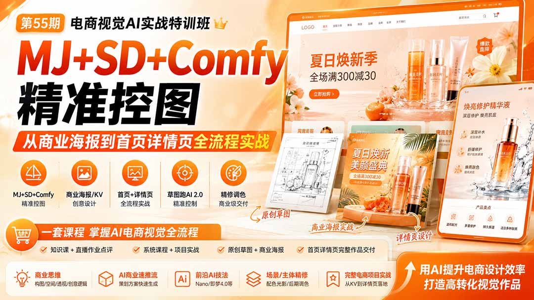 （20027期）电商视觉 AI实战训练营第55期：MJ+SD+Comfy精准控图，从商业海报到首页详情页全流程实战